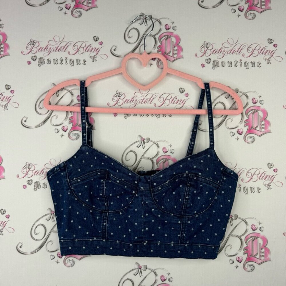 Garage polka dot denim jean crop top bustier style tank top blue white fitted - Picture 5 of 7